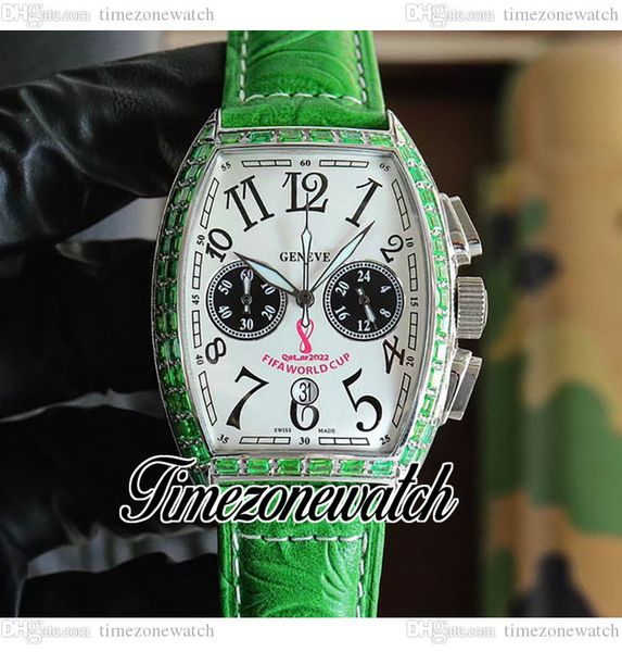 40mm casablanca white dial mens watch fifa world cup 8880 c quartz chronograph green leather strap satch green gemstone bezel watches twbe t, Slivery;brown