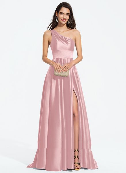 

a-line one shoulder sweep train satin prom dresses, White;pink