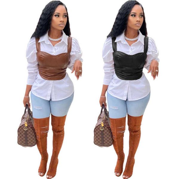 

women designer sling vest fashion spring summer sleeveless pu leather zipper ladies tank outdoor wear, White