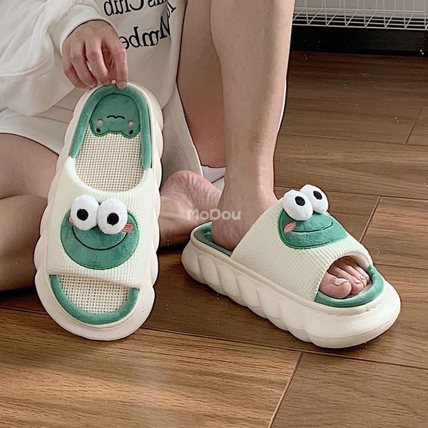 

slippers mo dou four season home non slip thick sole mute hemp cotton women slippers cute cartoon shape men indoor shoes arrival 230203, Black