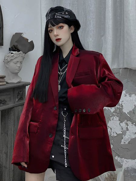 

women's suits blazers burgundy blazer women crimson bright silk suit female korean style personality western fashionable net red loose, White;black