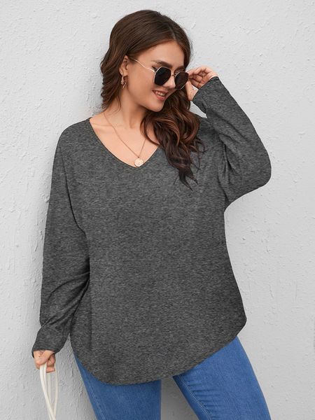 

women's plus size t-shirt plus size for women long sleeve fall female v neck solid casual ladies tunic loose oversized tee shirt 2302, Black