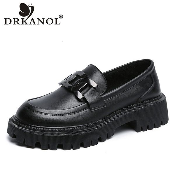 

dress shoes drkanol women slip on loafers spring autumn british style 100% genuine leather thick heel platform casual shoes handmade retro 2, Black
