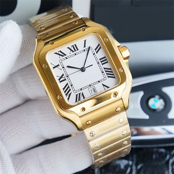 

luxury men's watch silver white square dial 39.8mm roman digital folding buckle gold strap sapphire crystal glass stainless steel 904l, Slivery;brown