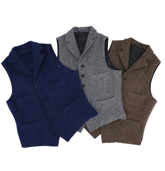 

mens vests vest classic brown suit wool tweed notch lapel waistcoat herringbone groomsmen winter coat for wedding 230203, Black;white