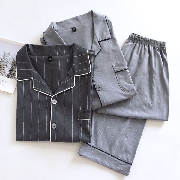 

men's sleepwear autumn knitted cotton pajamas striped lounge wear men casual cardigan long sleeve trousers home suit 230202, Black;brown