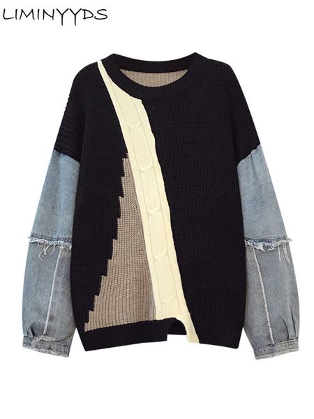 

women's sweaters fashion hip-hop denim stitching autumn and winter design sense loose lazy retro pullover 230202, White;black