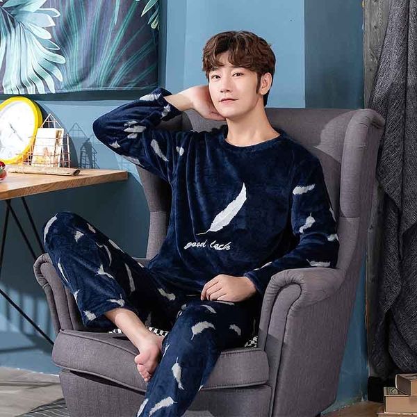 

men's sleepwear pajamas winter plus velvet thickened flannel warm autumn and coral fleece suit home service size 230202, Black;brown