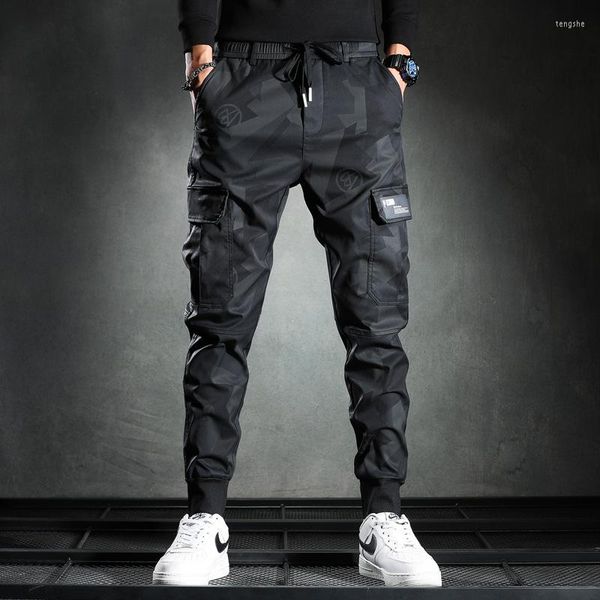 

men's pants sweatpants men camouflage elasticity military cargo drawstring multi pockets bottoms casual jogger trousers, Black