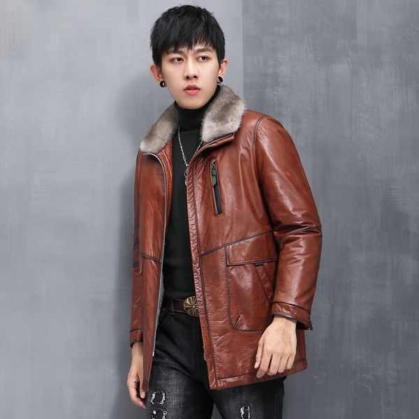 

genuine leather fur jacket mink fur coat men winter clothing thick warm outerwear windbreakers waterproof plus size brown black