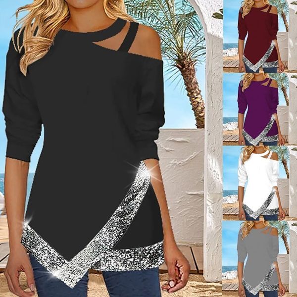 

women's t-shirt autumn and winter women's off-shoulder irregular sequined long-sleeved casual o-neck solid color pullover t-shirts, White