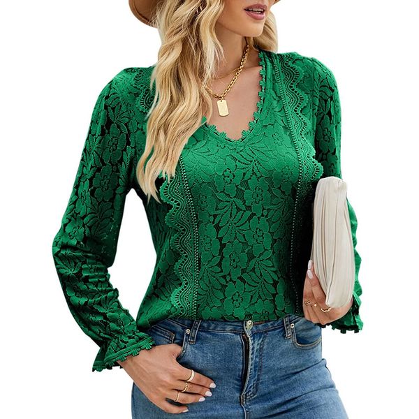 

women shirts lace dressy long sleeve v neck slim shirt crochet satin casual fall blouses, White