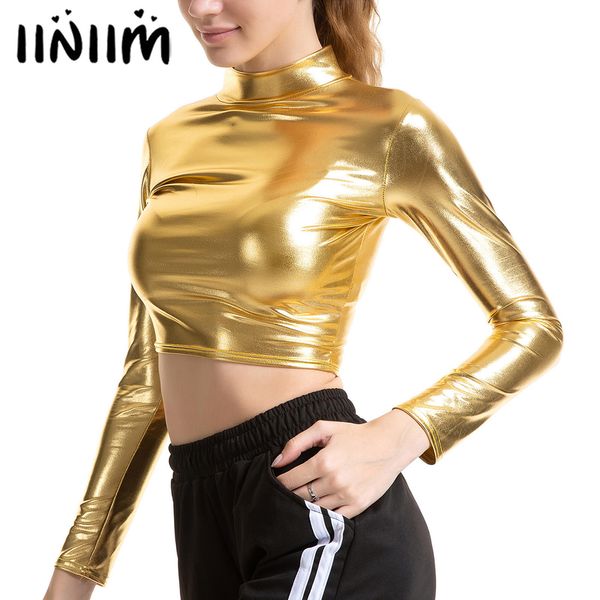 

women's t-shirt womens metallic shiny long sleeve crop ladies fashion glossy solid color mock neck t-shirt club pole dance rave bar cos, White