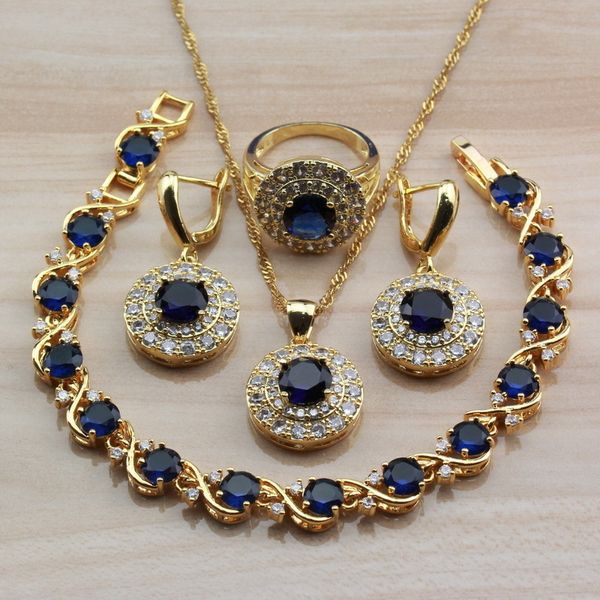 

wedding jewelry sets amazing round blue cubic zirconia yellow gold color for women africa choker necklace bracelet ring 230203, Slivery;golden