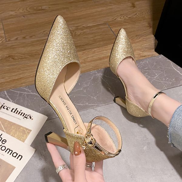 

dress shoes zoki bling gold silver women's pumps point toe thin heel party wedding shoes woman summer ankle strap high heels shoes 2302, Black