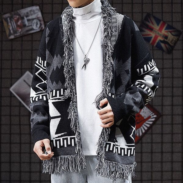 

men's sweaters autumn and winter knitted cardigan men tassel retro lazy male loose thin coat man 230203, White;black