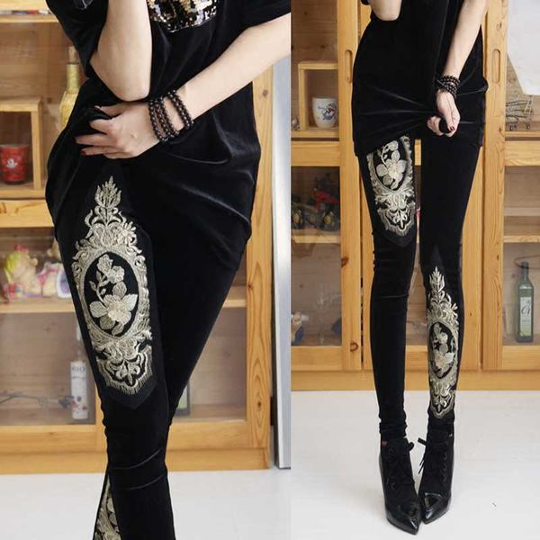 

and 2023 spring autumn new velvet women's apparel slim elongated embroidery high waist elastic large pants leggings, Black