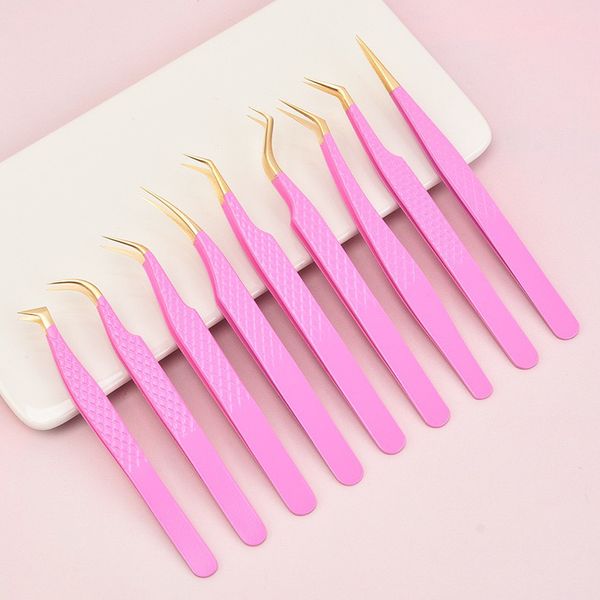 fashion pink color eyelash curler stainless steel false eye lash tweezers straight curved eye lash extension nippers