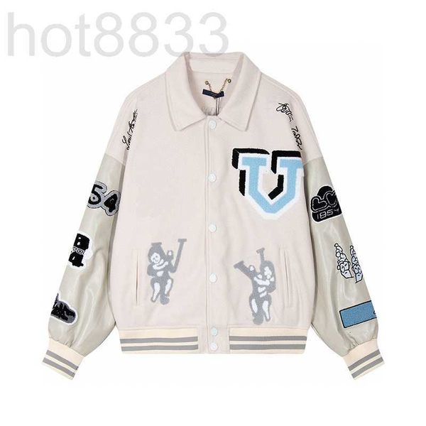 

men's leather & faux men designers baseball jacket green wool applique embroidery watercolor lapel neck paris streetwear m-2xl ek3e, Black