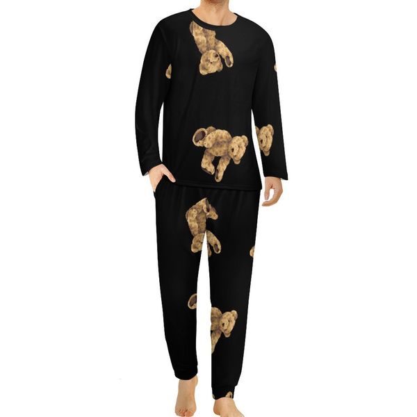 

men's sleepwear funny bear print pajamas long sleeve cute animal 2 piece bedroom pajama sets daily men graphic retro oversize nightwear, Black;brown