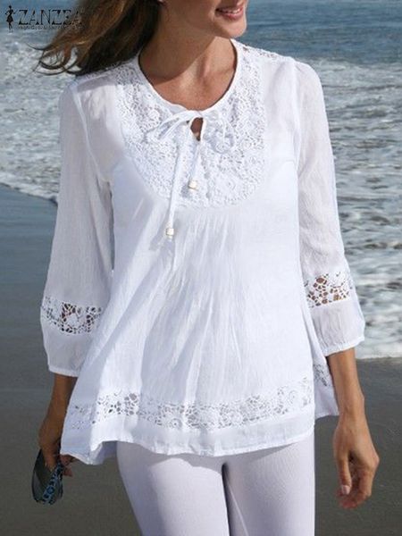 

women's blouses shirts bohemian stylish casual oversized work ol blusa zanzea women spring lace patchwork blouse femme 3/4 sleeve lace-, White