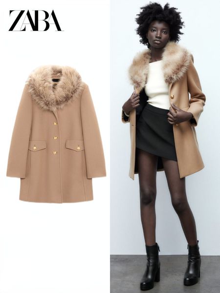 

womens knits tees zaba autumn and winter detachable fur collar warm midlength coat longsleeved singlebreasted 230202, White