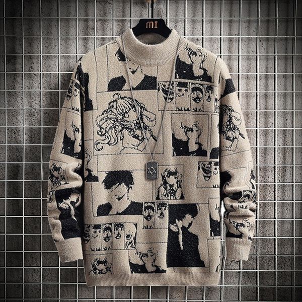 

men's sweaters anime winter long sleeve pullovers clothes streetwear cartoon pattern mock neck japan 230203, White;black