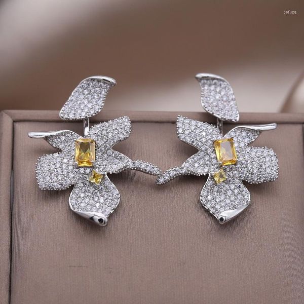 

stud earrings european american design fashion jewelry luxury full zircon large flower elegant women's wedding party accessories, Golden;silver
