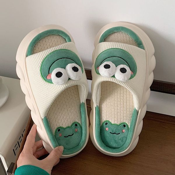 

slippers lovely frog linen slippers women shoes couples non slip thick soled spring summer cotton linen cool slippers home slippers slide 23, Black