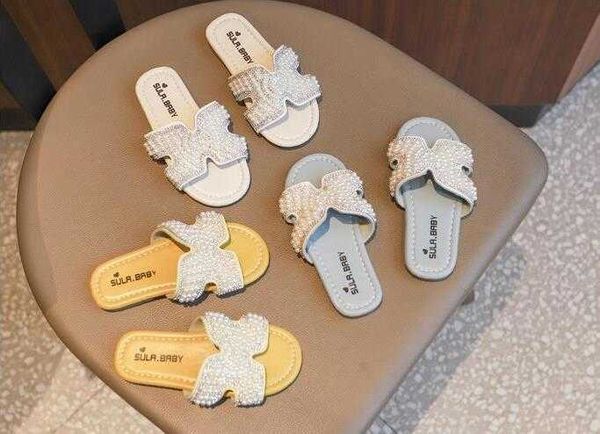 

slipper 2022 summer new children' slippers fashion pearl girls princess beach shoes casual kids sandals baby toddler flats shoe 21-30, Black;grey