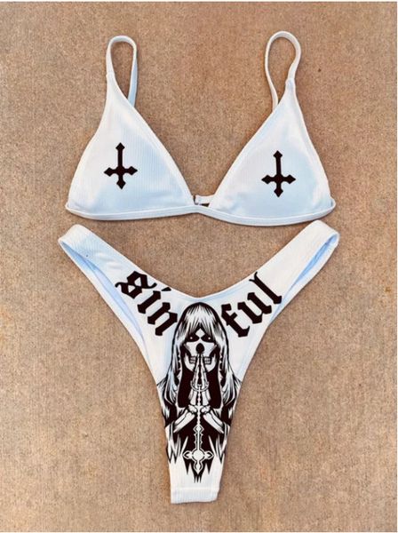 

women's swimwear women funny letters print 2pcs bikini suits deep vneck detachable breast pad sling with triangle bottoms swimsuits 23, White;black