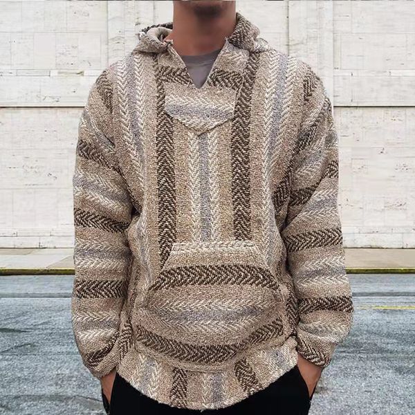 

men's sweaters vintage stripe hoodie sweater for men winter warm knitted long sleeve vneck pullover jumper pocket spring harajuku 2302, White;black
