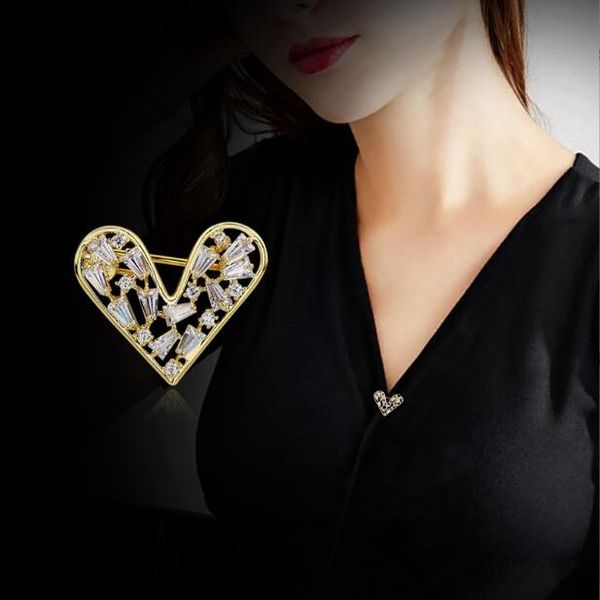 

zircon love heart brooch women's v collar anti-light buckle pin fixing clothes, Gray