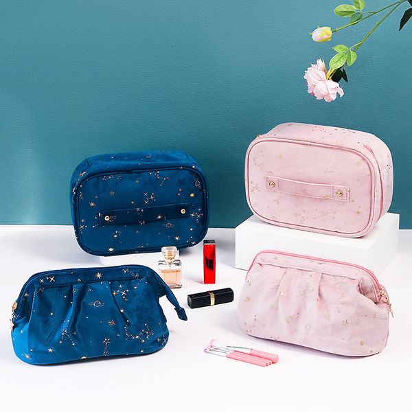 

cosmetic bags cases gold star moon flannel cosmetic bags portable large capacity velvet make up storage fashion wet dry separation wash bag