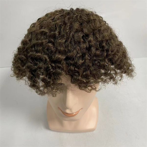 

indian virgin human hair piece light brown color 17# 12mm wave 8x10 toupee knots pu unit for men, Black