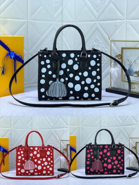 

35cm genuine leather tote shopping bags handbag shopping shoulder bag infinity white dots print handbag with pumpkin-shaped charm on the go