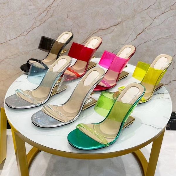 

slope heel shoes sandals transparent upper slippers luxury designer candy color summer womens casual hollow pointed open toe fashion factory, Black