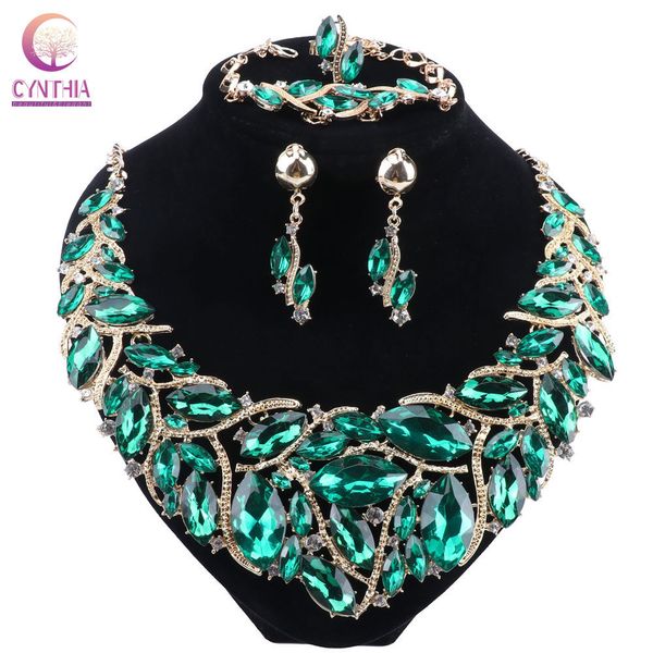 

wedding jewelry sets cynthia luxury green colour crystal necklace earrings party accessories indian bridal costume jewellery 230203, Slivery;golden
