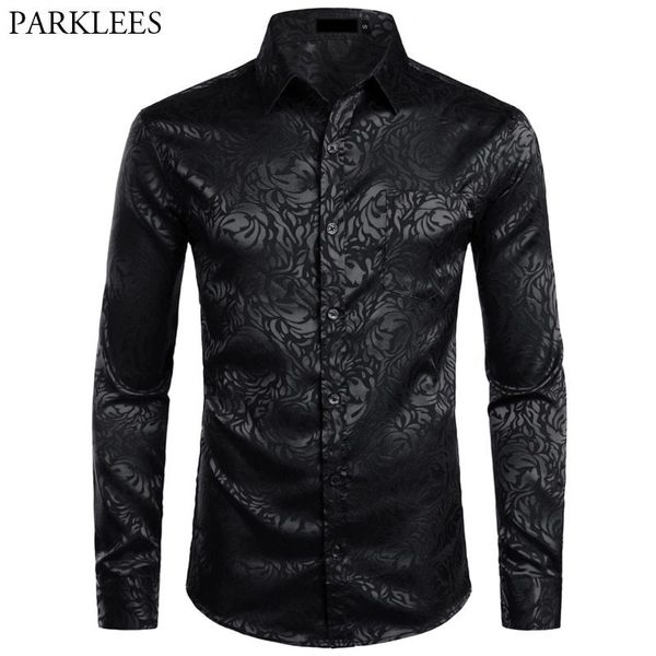

men's casual shirts floral black dress stylish long sleeve steampunk men party club bar social male chemise homme 230202, White;black