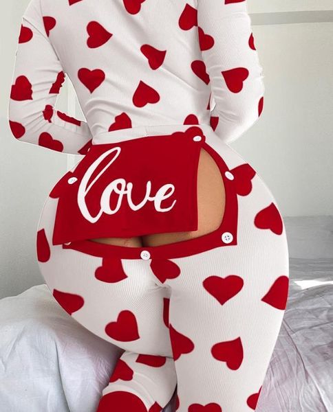 

set onesie for women pajama long sleeve vneck heart letter print ribbed functional buttoned flap skinny home onesie 230202, Red;black