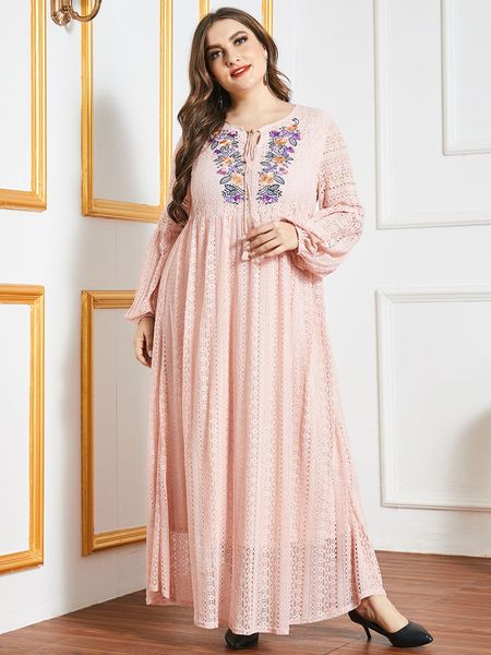 

plus size dresses pink lace party dress women summer embroidery floral long sleeve casual long dress plus size high waist maxi long dresses, Black