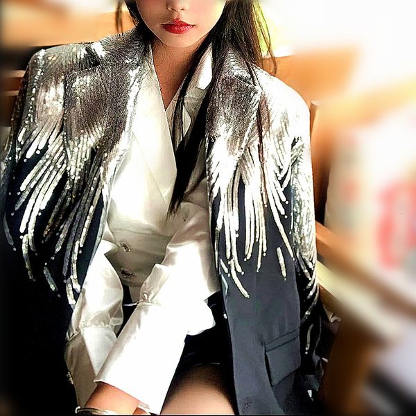 

women's suits blazers oversized runway bling women party coat spring woman sequined single breast ins chic outwear nz206 230203, White;black