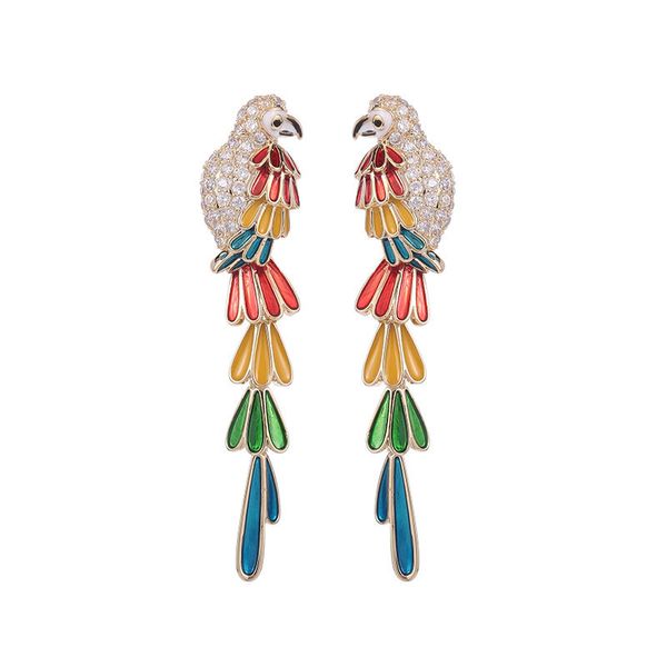 

luxury bohemia zirconia parrot dangle earrings for women colourful bird feathers designer stud earring drop hanging ear rings female jewellr, Silver
