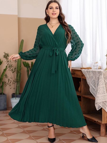 

plus size dresses plus size party dress women summer v neck lace mesh see through long sleeve chiffon pleated dress high waist maxi long dre, Black