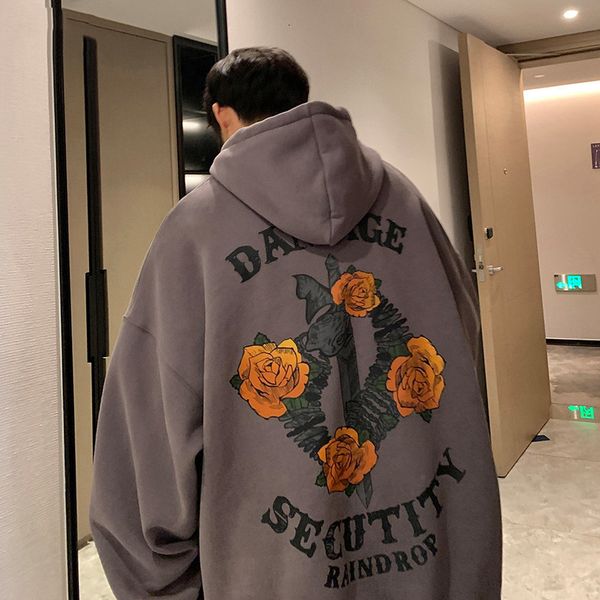 

mens hoodies sweatshirts floral printing oversize for men hip hop vintage plush sweatshirt y2k streetwear harajuku loose clothing 230202, Black