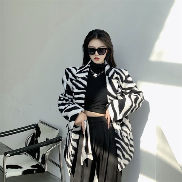 

women's suits blazers zebra pattern woolen coats clothing spring autumn jackets korean loose outerwear 2023 long suit fp400 230203, White;black