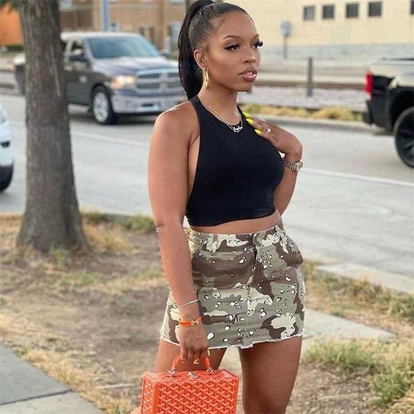 

casual women skirts fashion camo pocket zipper personality short dress, Black