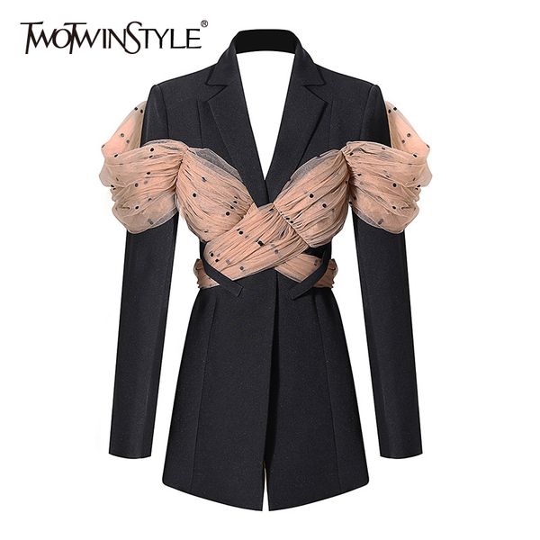 

womens suits blazers twotwinstyle casual patchwork dot mesh blazer for women notched long sleeve backless female fashion clothing 230202, White;black