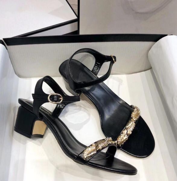 

2023 new style designer sandals buckle latch chunky heels womens sandal fashion lady leather high-heeled shoes tricolor leisure luxury ankle, Black