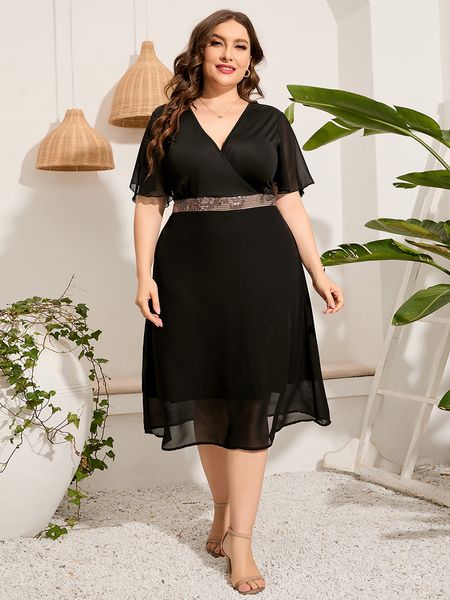 

plus size dresses 5xl plus size casual dress woman summer female v neck short sleeve sequined waist elegant party dress black long dresses 2